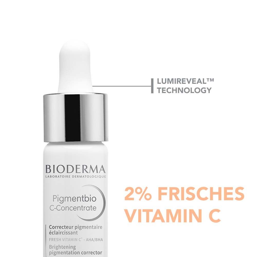 Flasche mit Text. Aufschrift: BIODERMA Pigmentbio C-Concentrate. 2% frisches Vitamin C.