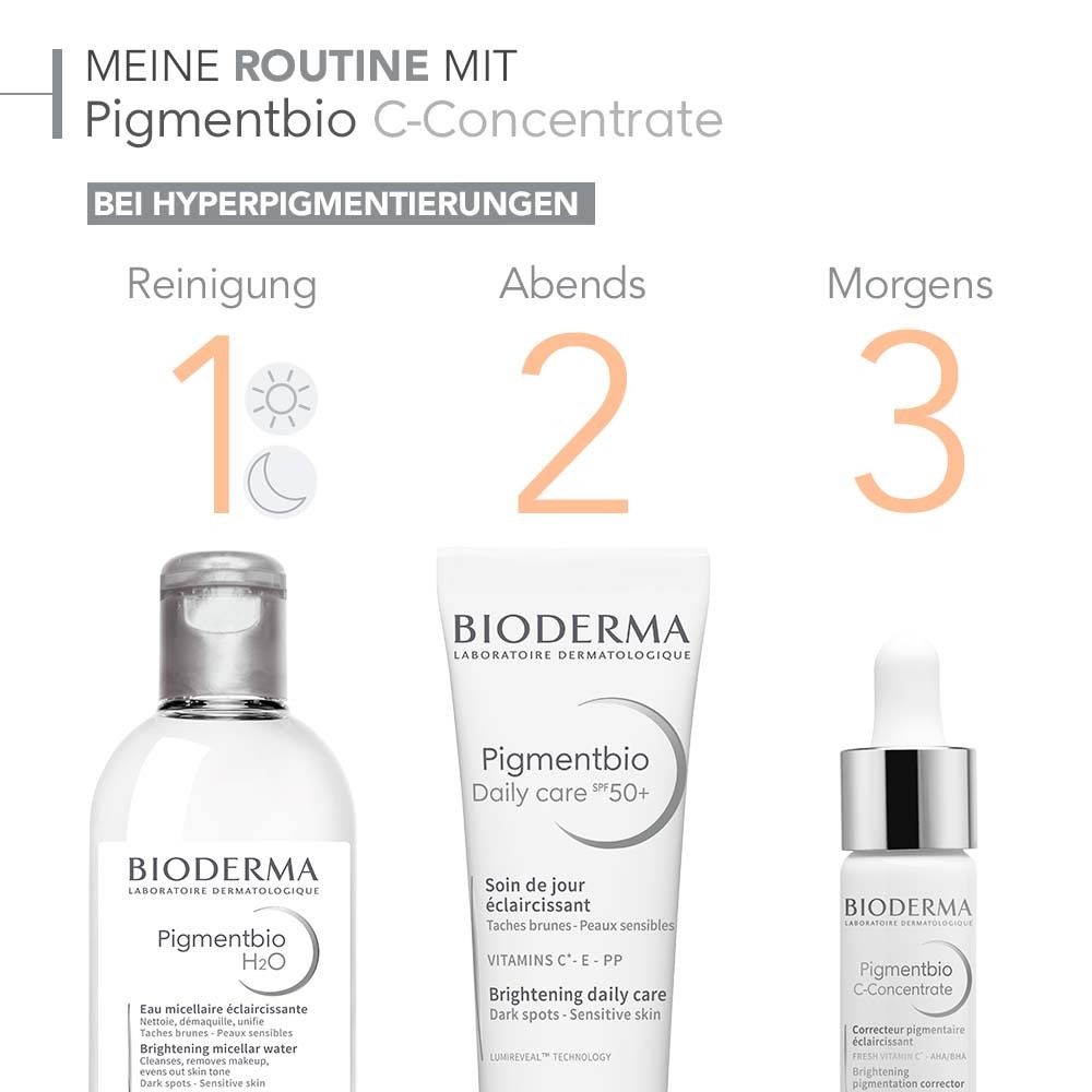 Routine. Produkte: BIODERMA Pigmentbio H2O, Daily Care SPF50+, Pigmentbio C-Concentrate.