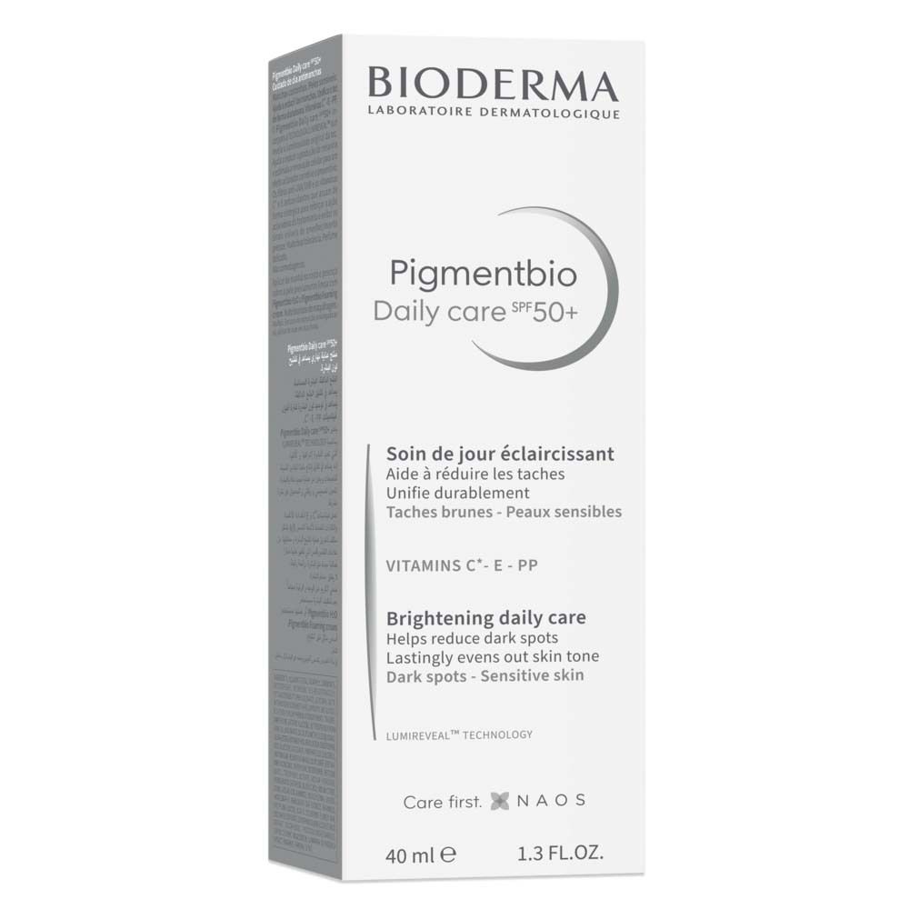 BIODERMA Pigmentbio Daily Care LSF50+ Tube. Weiß, mit Text und Logo. 40 ml.