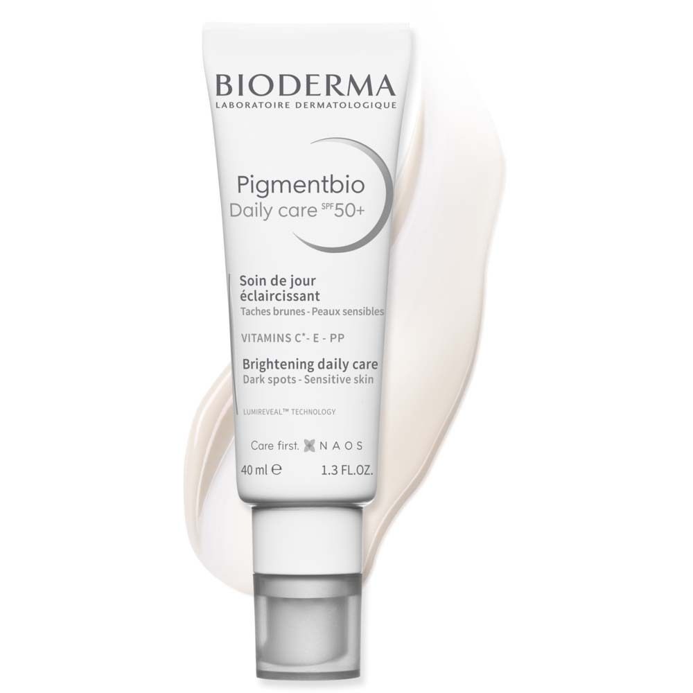 BIODERMA Pigmentbio Daily Care LSF50+ Tube. Weiß, mit Text und Logo. Creme-Auslauf.