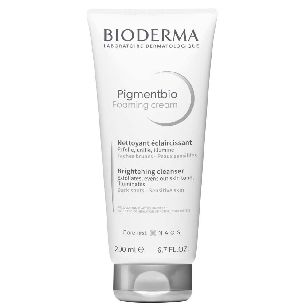 BIODERMA Pigmentbio Reinigungsschaum. Weiße Tube mit Produktnamen und Text. 200 ml. 