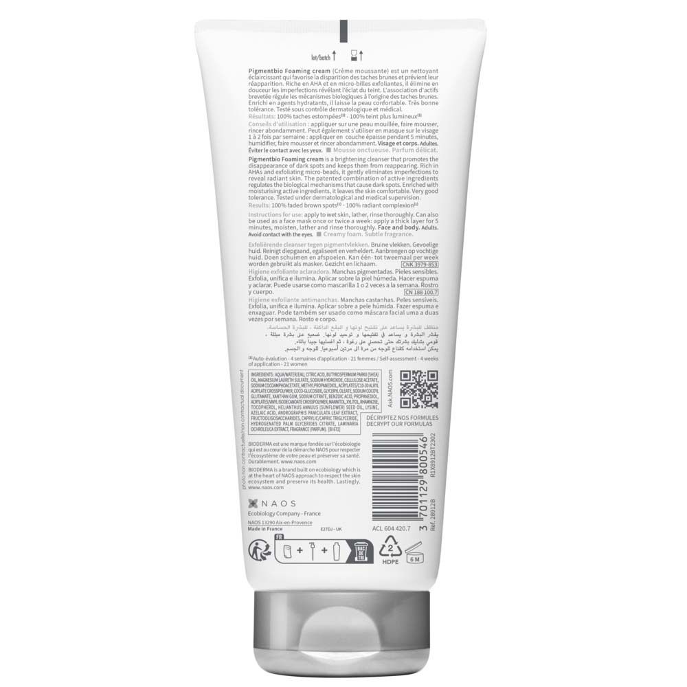 Rückseite der BIODERMA Pigmentbio Reinigungsschaum Tube. Text in mehreren Sprachen, QR-Code, Recycling-Symbole.