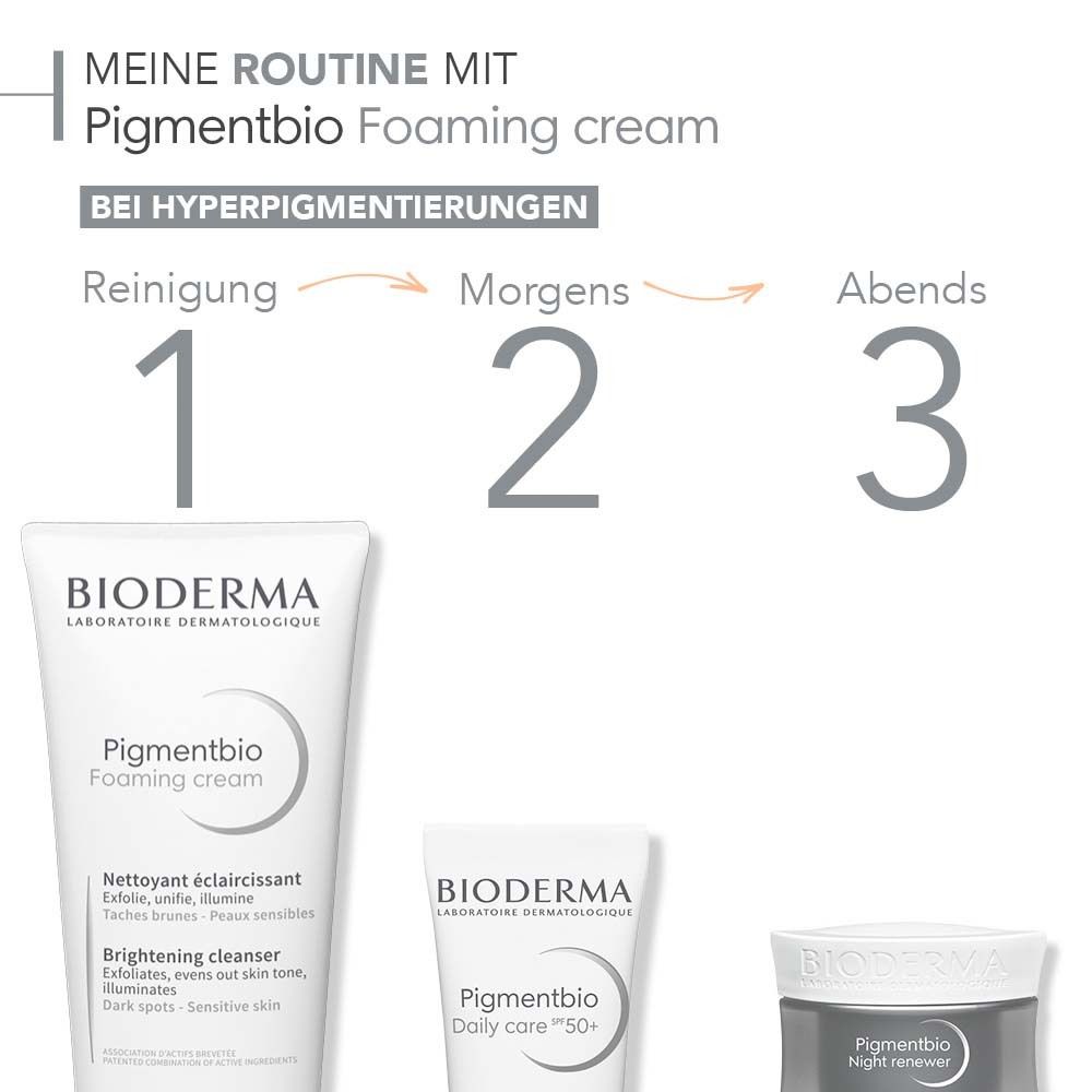 Anwendung von BIODERMA Pigmentbio Reinigungsschaum. 3 Schritte: Reinigung, morgens, abends. Weitere Produkte.