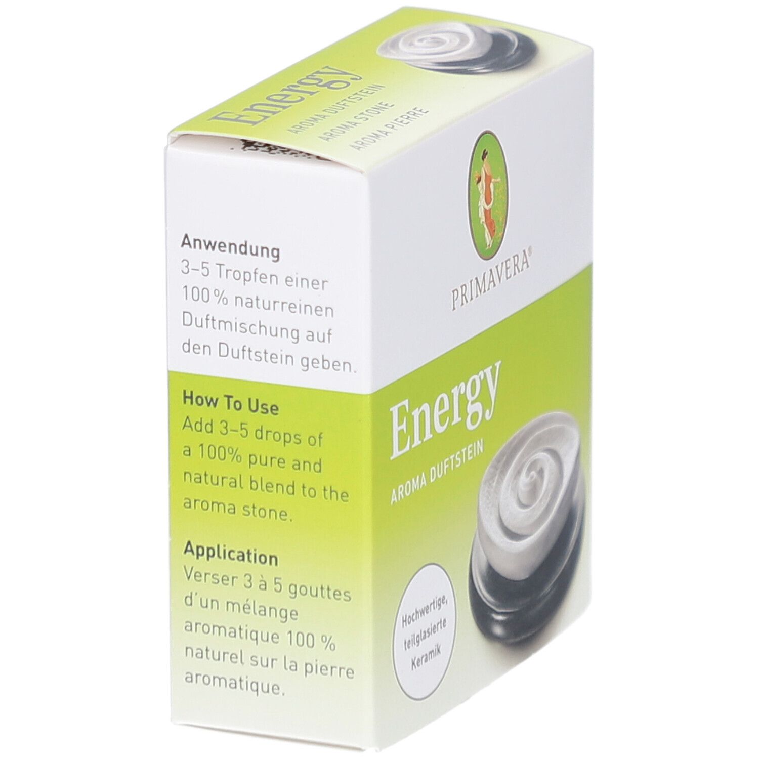 Verpackung Primavera® Aroma Duftstein Energy. Text: Anwendung, How to Use, Application. Abbildung des Duftsteins.