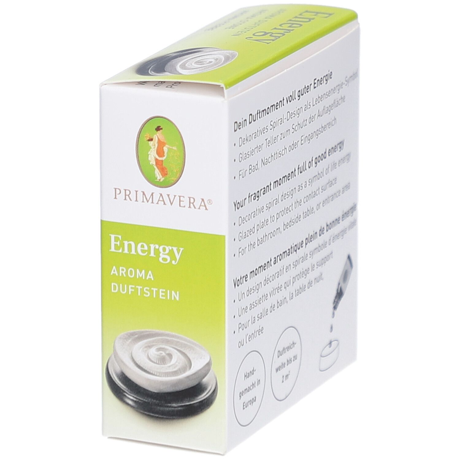 Verpackung Primavera® Aroma Duftstein Energy. Ansicht von der Seite. Text: Energy, Aroma Duftstein. Abbildung des Produkts.