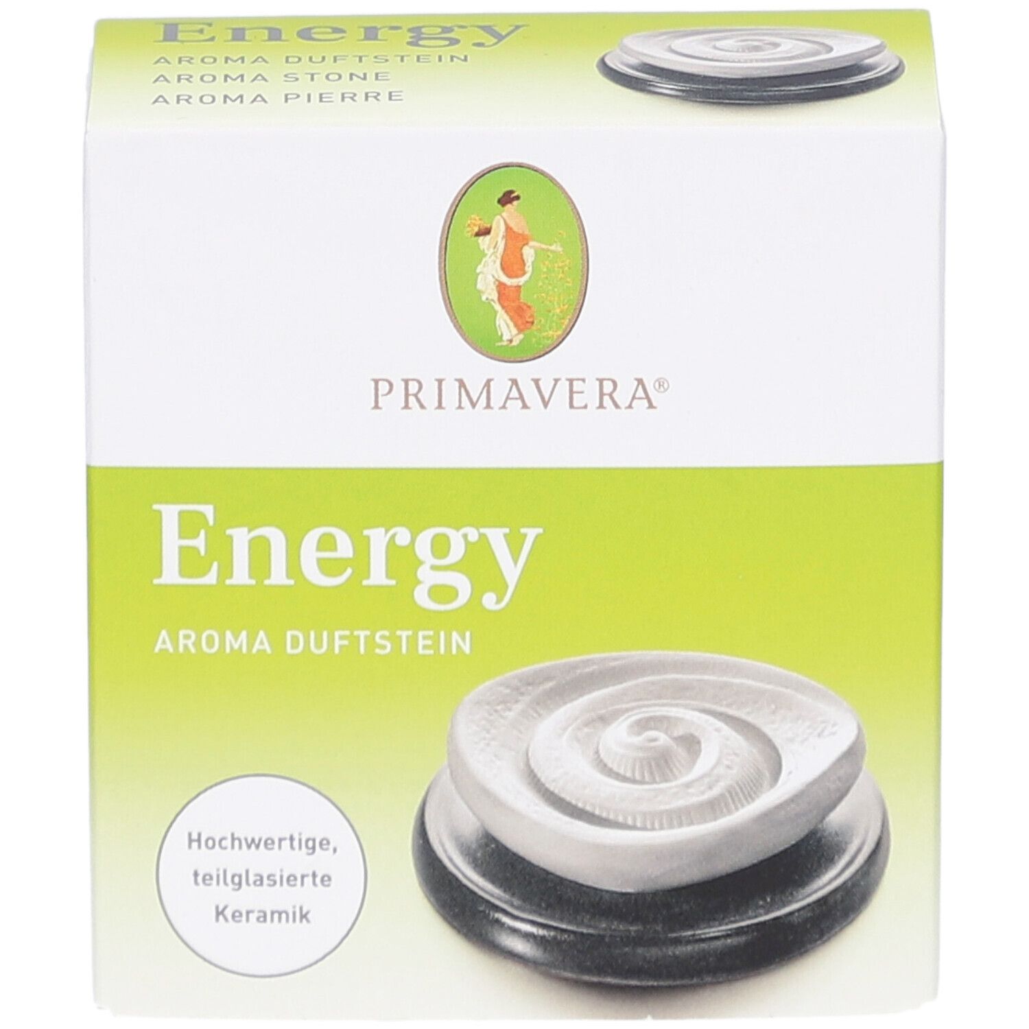 Verpackung Primavera® Aroma Duftstein Energy. Vorderansicht. Text: Energy, Aroma Duftstein. Abbildung des Produkts.
