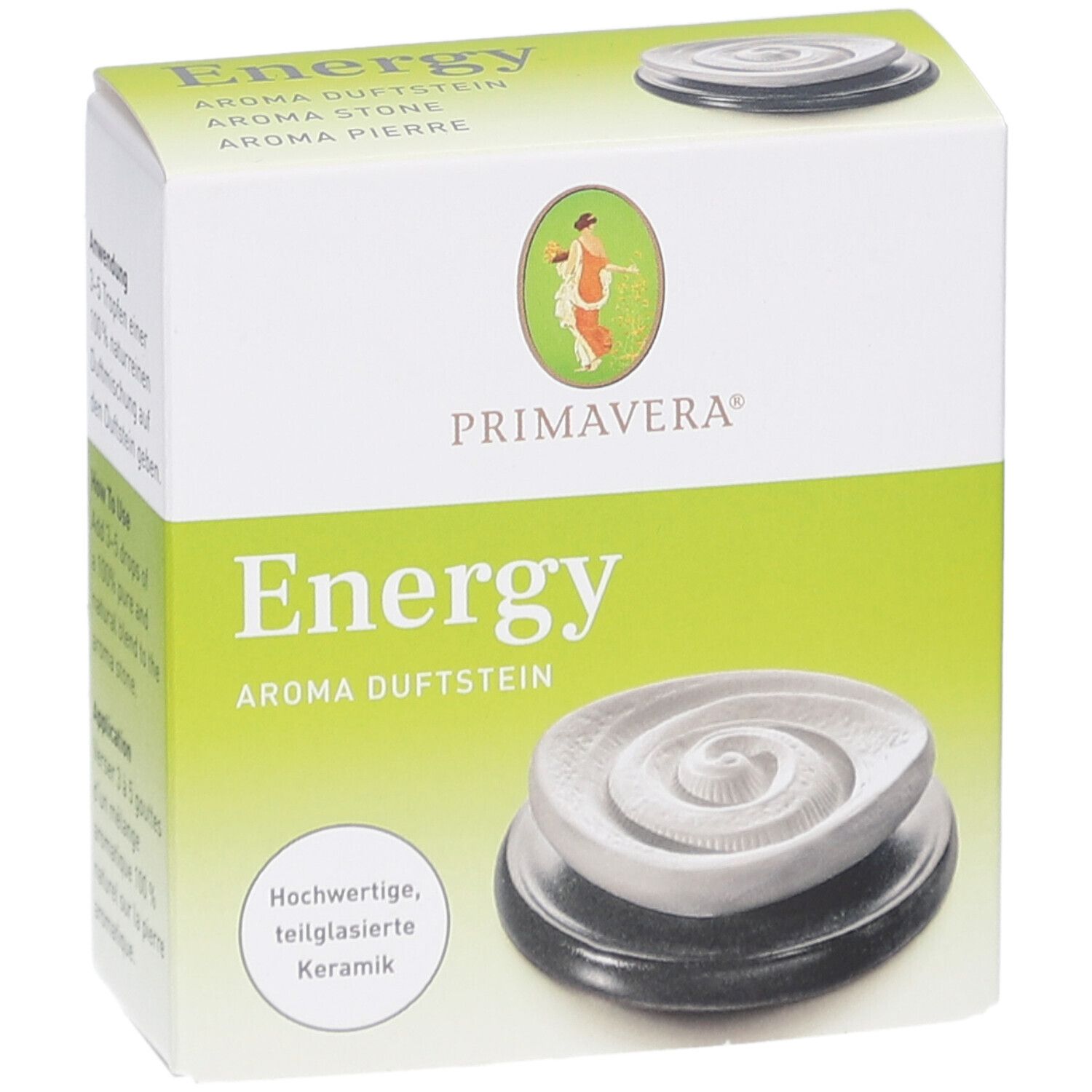 Verpackung Primavera® Aroma Duftstein Energy. Ansicht von vorne. Text: Energy, Aroma Duftstein. Abbildung des Produkts.
