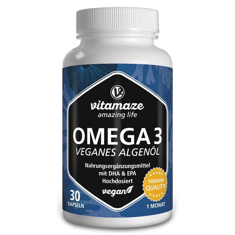 Weiße Flasche mit schwarzem Etikett. Aufschrift: Omega 3, veganes Algenöl. 30 Kapseln. Premium Quality Siegel.
