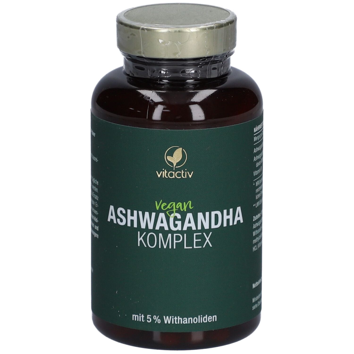 Braune Flasche mit grünem Etikett. Aufschrift: Vegan ASHWAGANDHA KOMPLEX. Mit 5% Withanoliden. Marke vitactiv.
