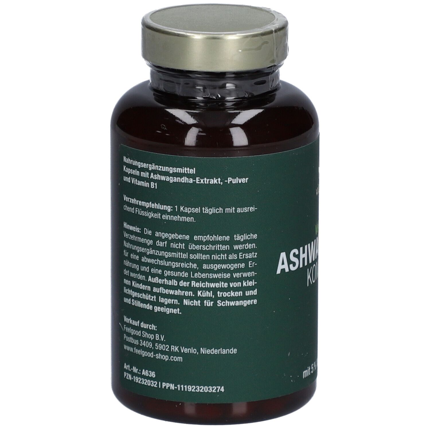 Braune Flasche mit grünem Etikett. Aufschrift: ASHWAGANDHA KOMPLEX. Text: Nahrungsergänzungsmittel. 90 Kapseln.