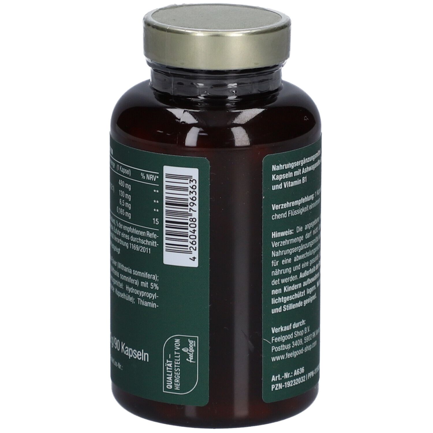 Braune Flasche mit grünem Etikett. Aufschrift: ASHWAGANDHA KOMPLEX. Text: Nährwertdeklaration. 90 Kapseln.