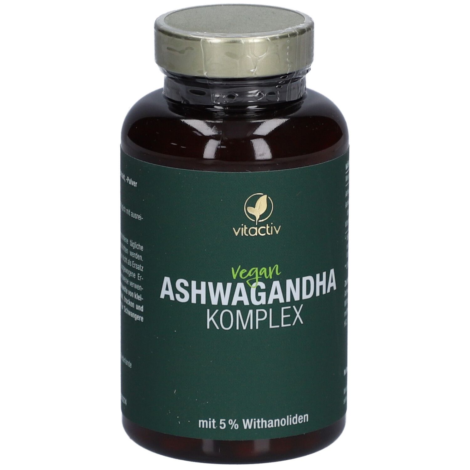 Braune Flasche mit grünem Etikett. Aufschrift: Vegan ASHWAGANDHA KOMPLEX. Mit 5% Withanoliden. Marke vitactiv.