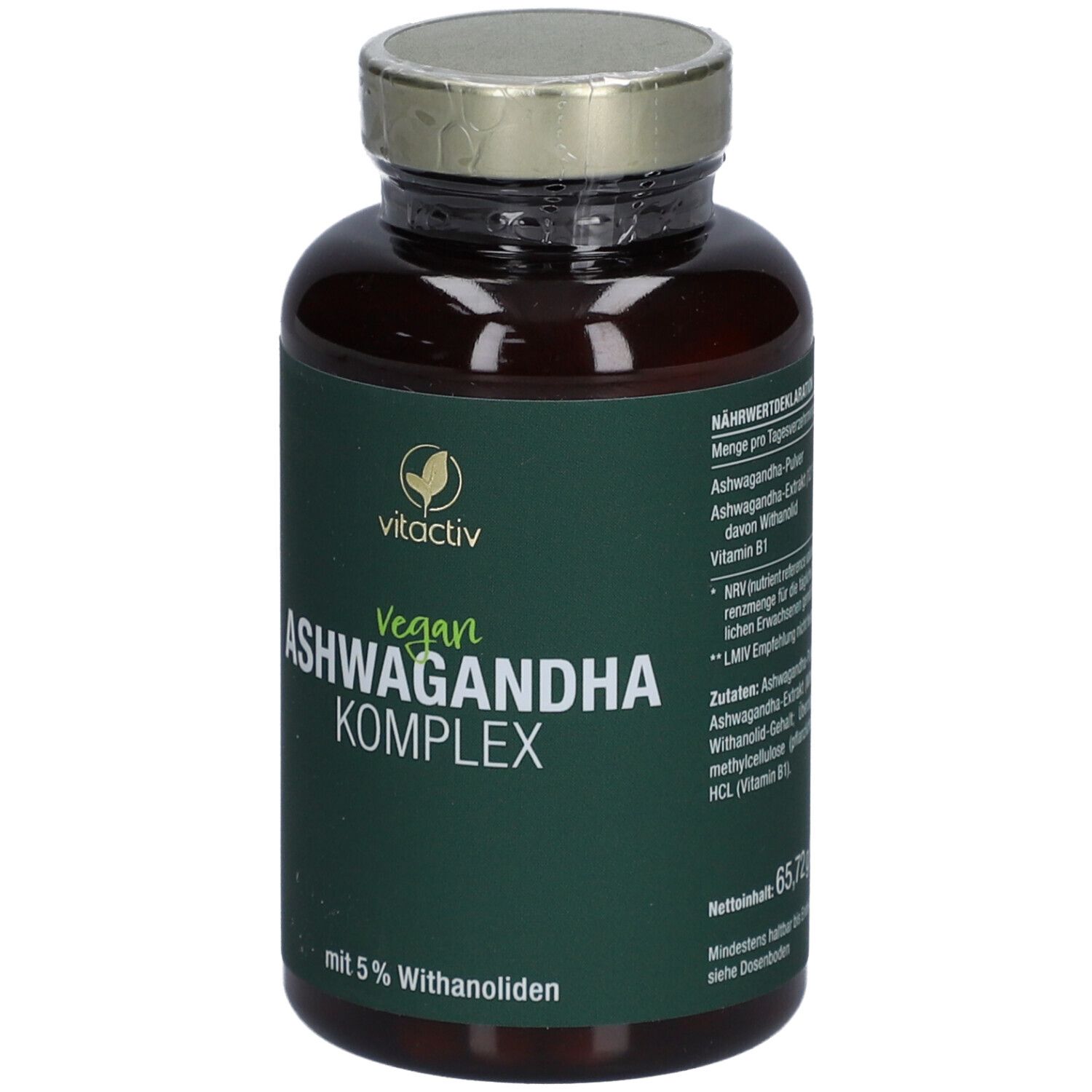 Braune Flasche mit grünem Etikett. Aufschrift: Vegan ASHWAGANDHA KOMPLEX. Mit 5% Withanoliden. Marke vitactiv.