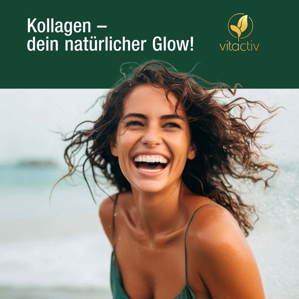 Lächelnde Frau am Strand. Text: Kollagen – dein natürlicher Glow! Logo: Vitactiv.