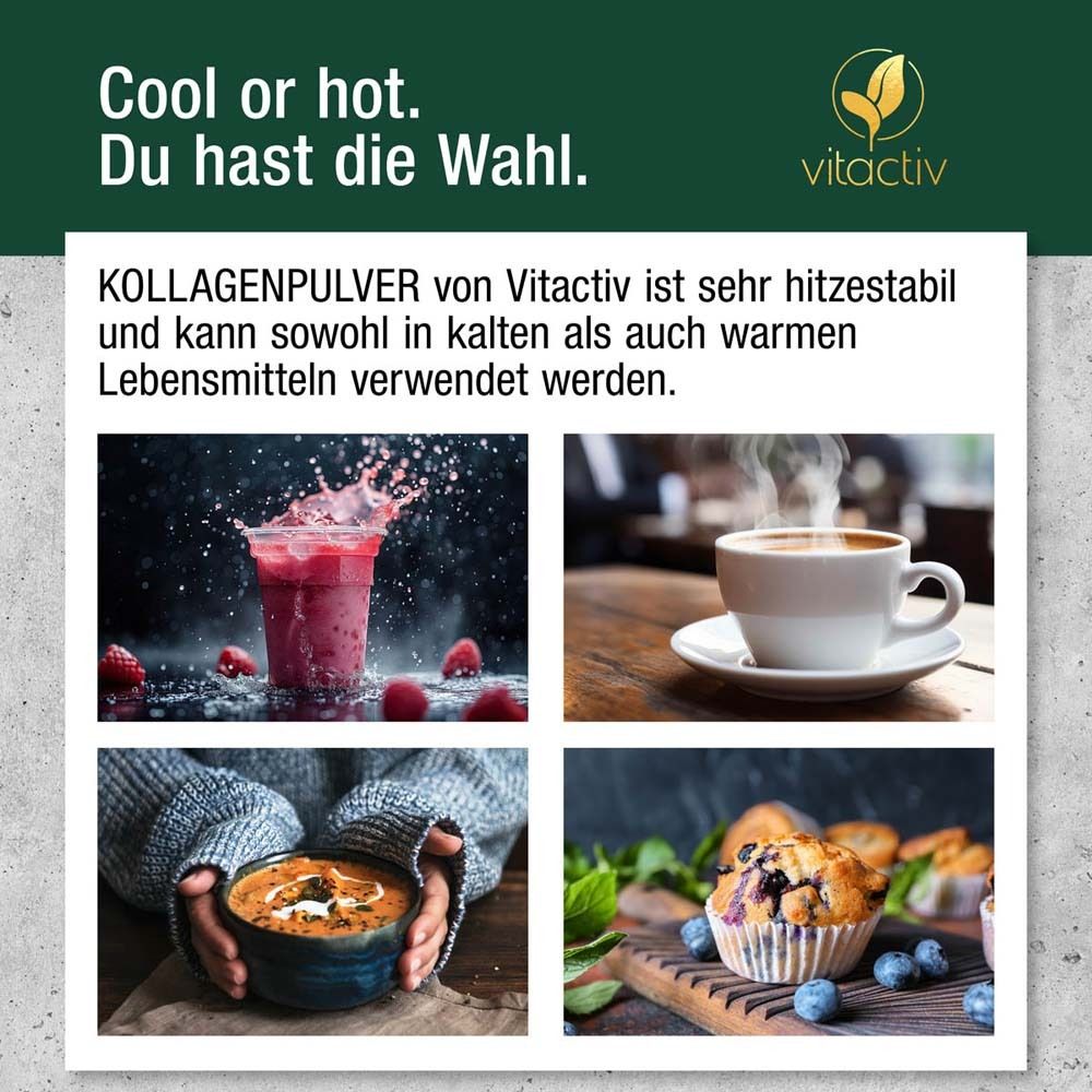 Collagen Pulver in Getränken und Speisen. Text: Cool or hot. Du hast die Wahl. Logo: Vitactiv.