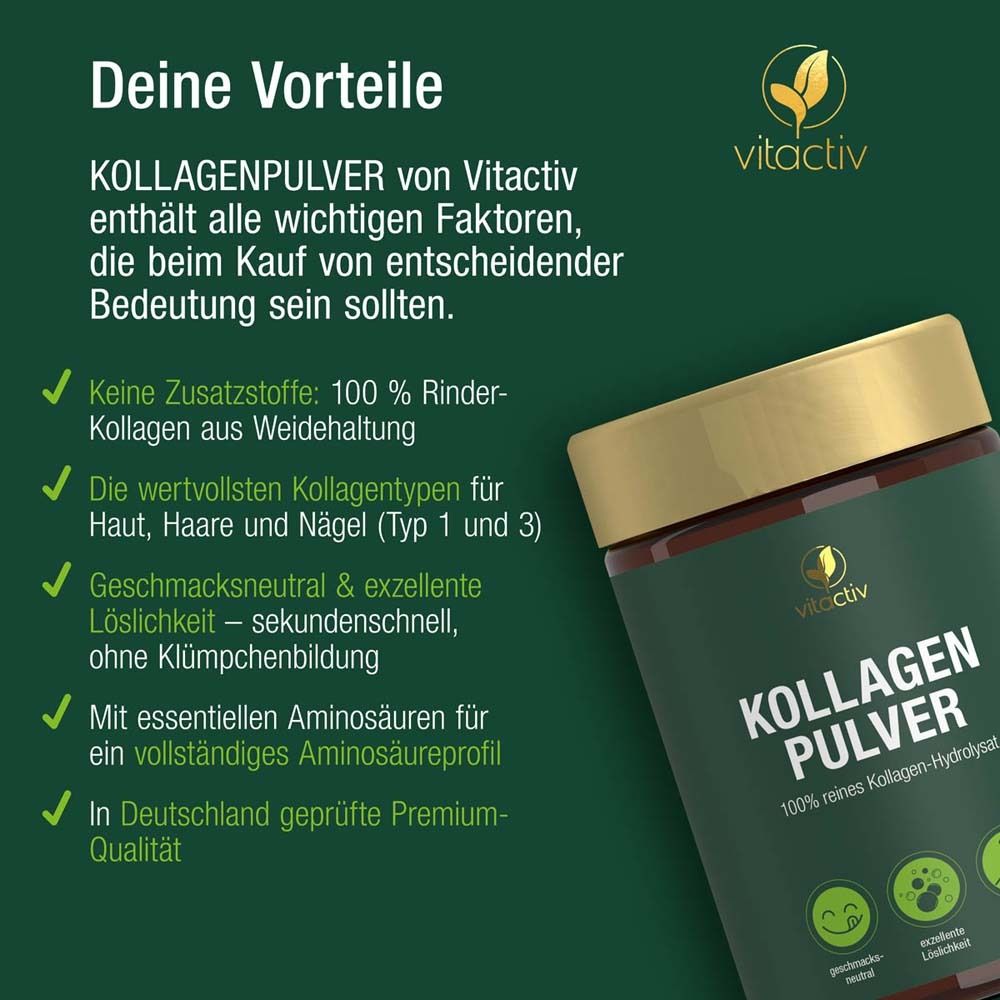 Produktglas mit Text: Kollagen Pulver. Text: Deine Vorteile. Logo: Vitactiv. Aufzählung von Vorteilen.