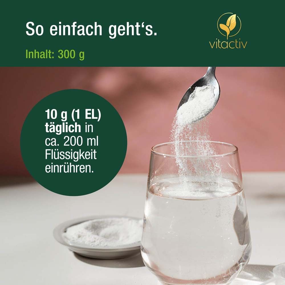 Glas mit Flüssigkeit und Pulver. Text: So einfach geht's. Inhalt: 300 g. Logo: Vitactiv.