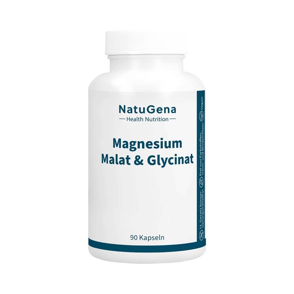 Weiße Flasche mit Kapseln. Aufschrift: NatuGena, Magnesium Malat & Glycinat, 90 Kapseln.