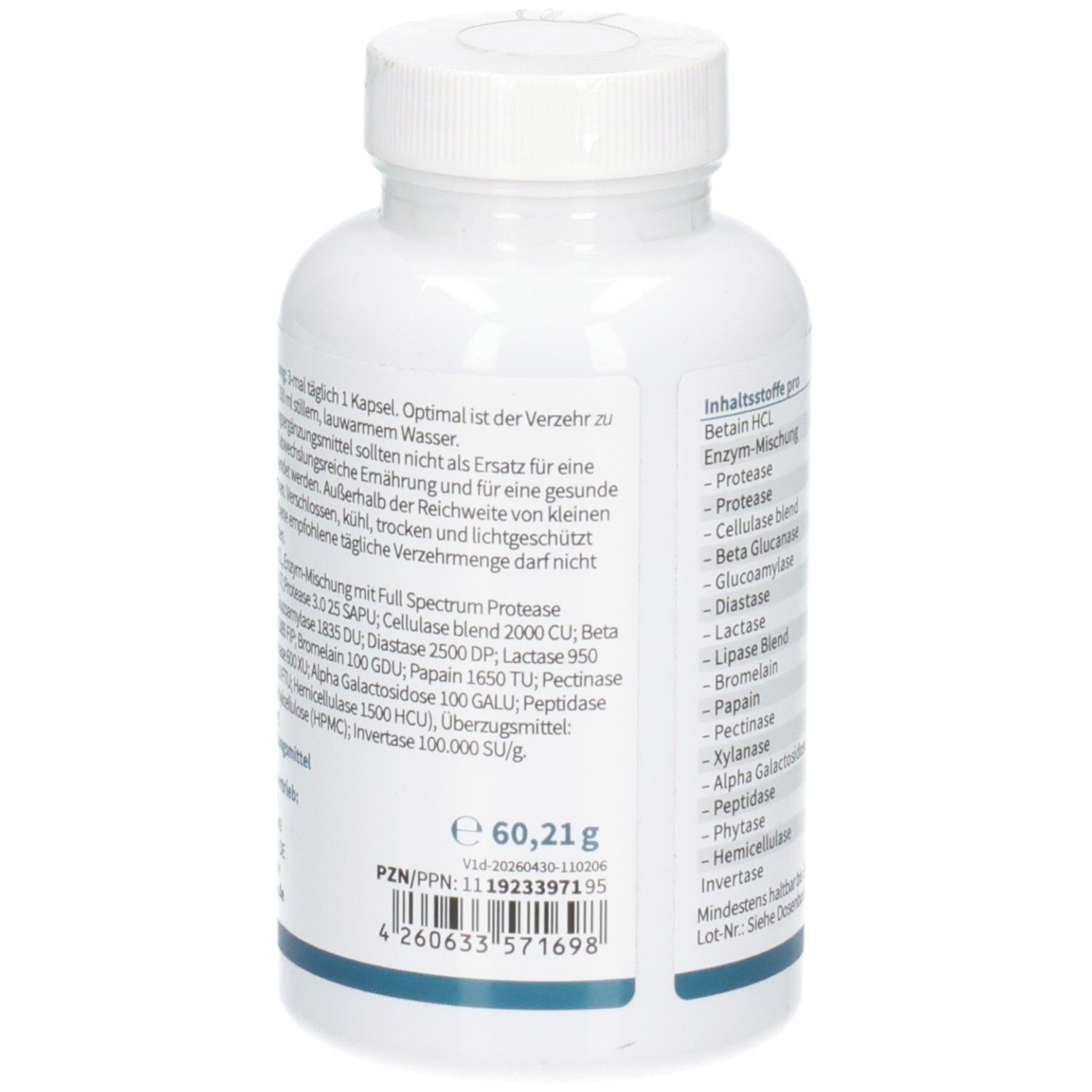 Seitenansicht der NatuGena N-Zymarase Komplex Flasche mit Gewichtsangabe und Barcode.