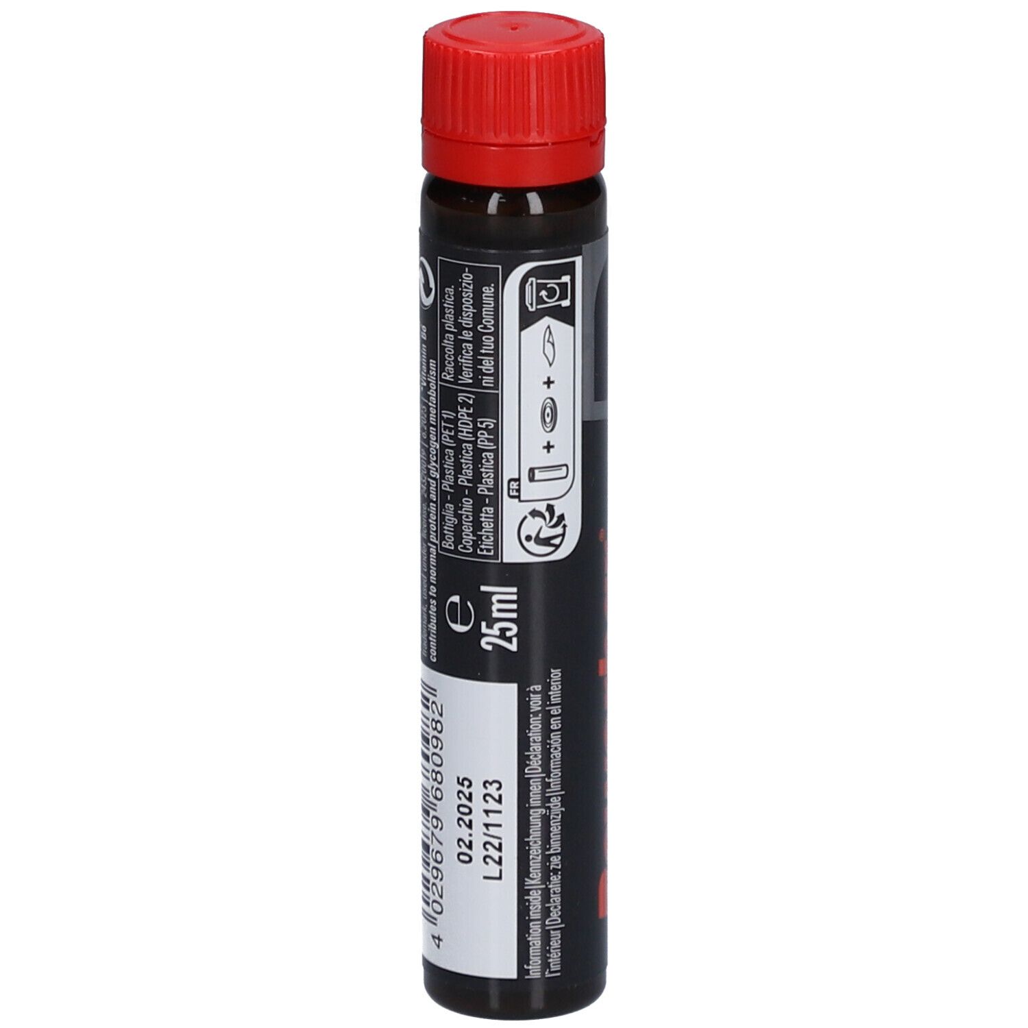 Ampulle mit rotem Verschluss. Schwarze Verpackung mit Text und Barcode. 25ml. Verfallsdatum 02.2025. L22/1123.