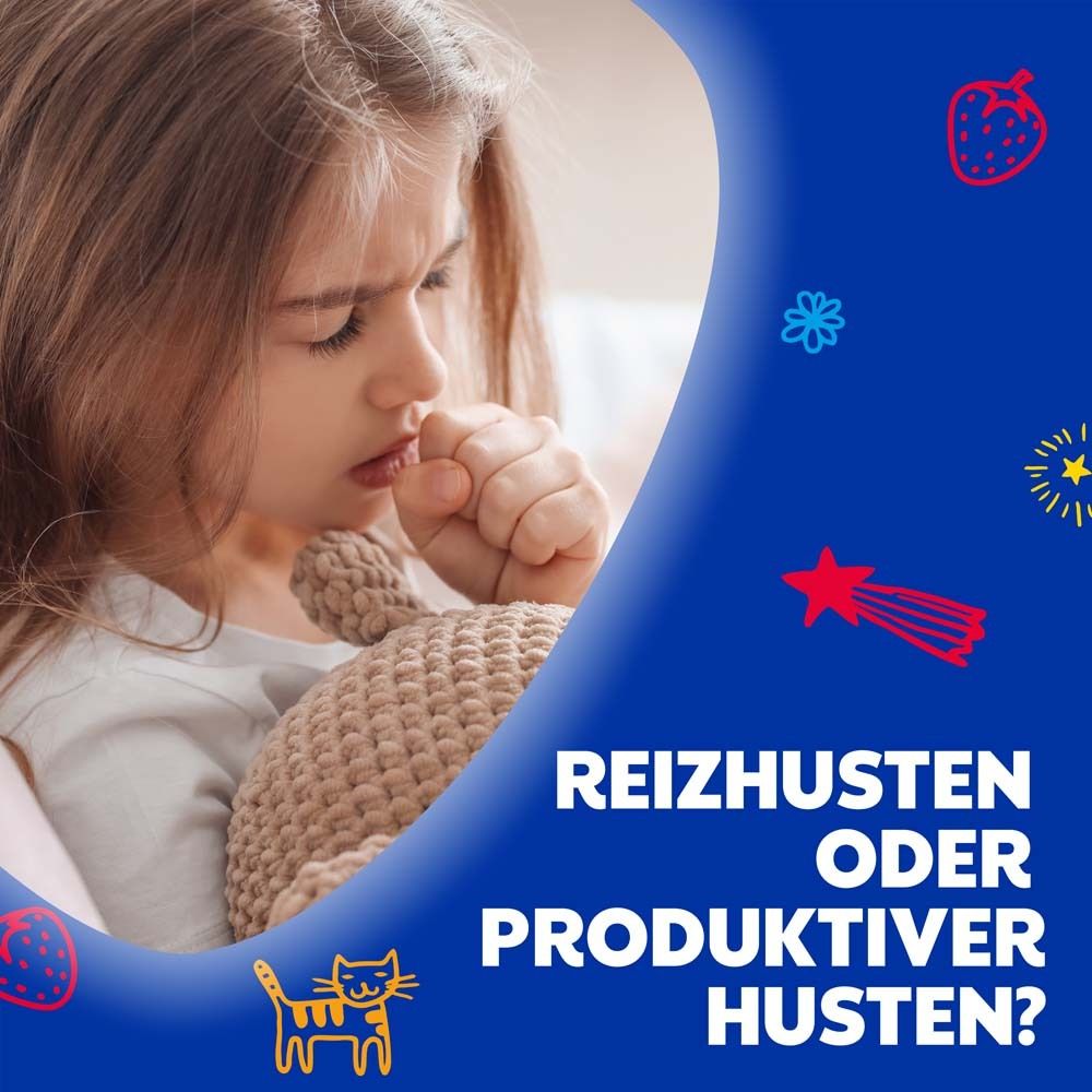 Kind hustet, hält Hand vor Mund. Text: Reizhusten oder produktiver Husten?