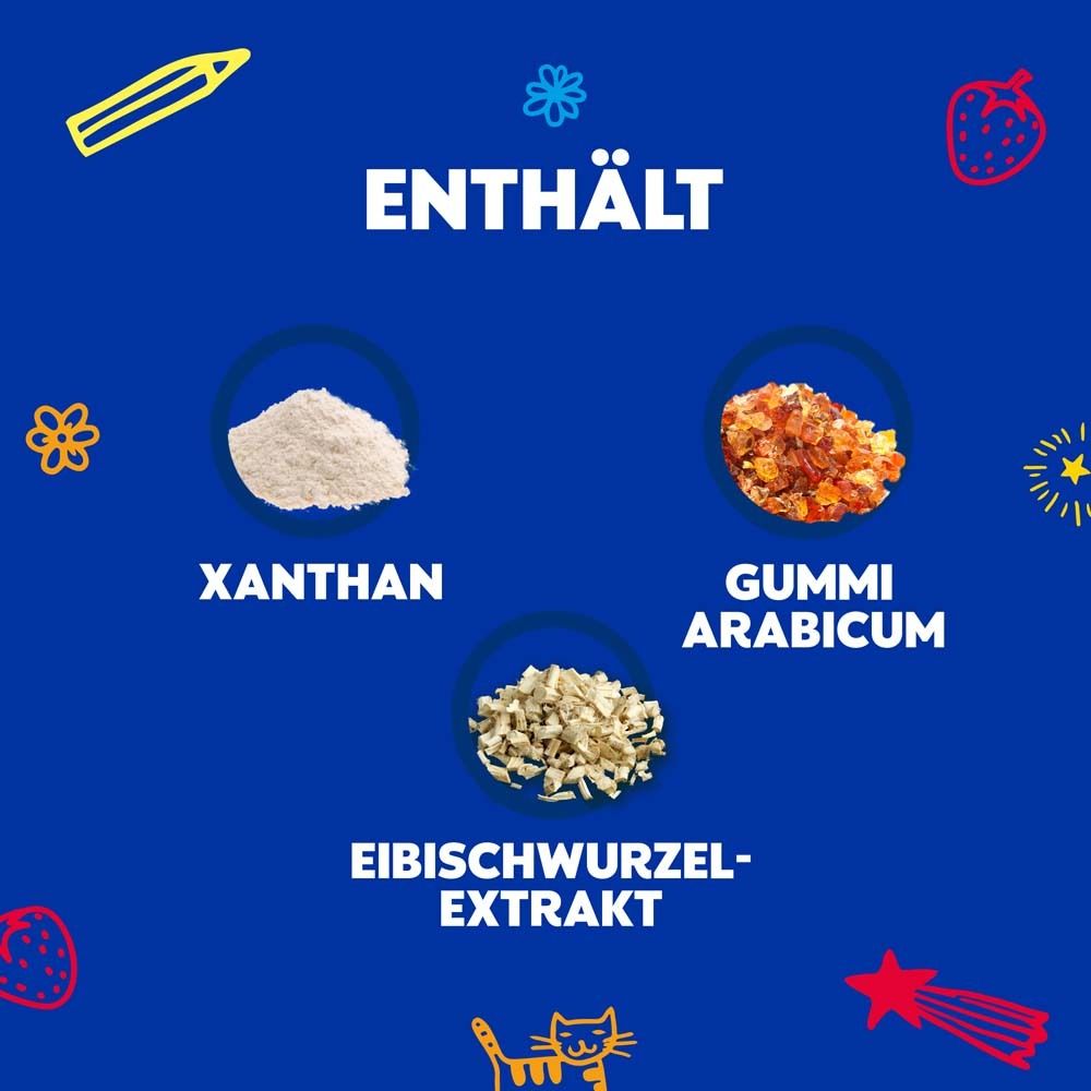 Enthält Xanthan, Gummi Arabicum, Eibischwurzel-Extrakt. Blaue Grafik.