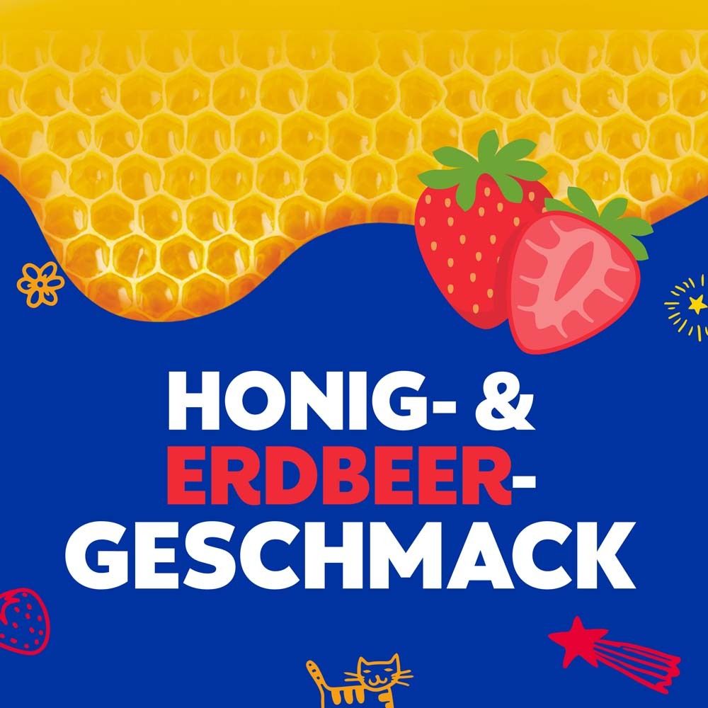 Honig- & Erdbeer-Geschmack. Honigwabe, Erdbeeren. Blaue Grafik.