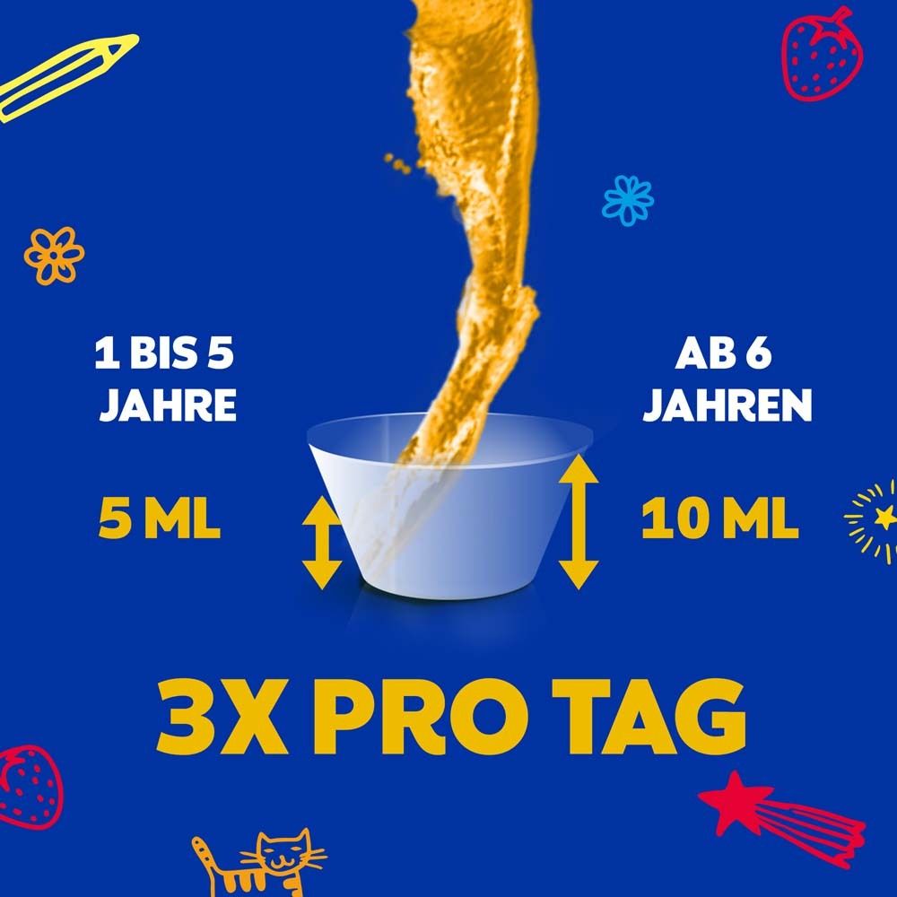 Dosierung: 1-5 Jahre 5 ml, ab 6 Jahren 10 ml, 3x pro Tag. Blaue Grafik.