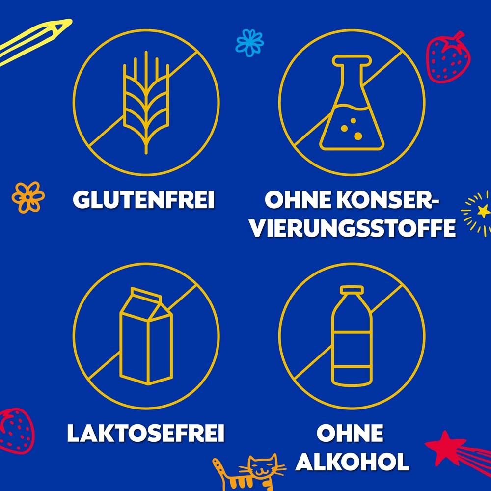 Symbole: Glutenfrei, ohne Konservierungsstoffe, laktosefrei, ohne Alkohol. Blaue Grafik.