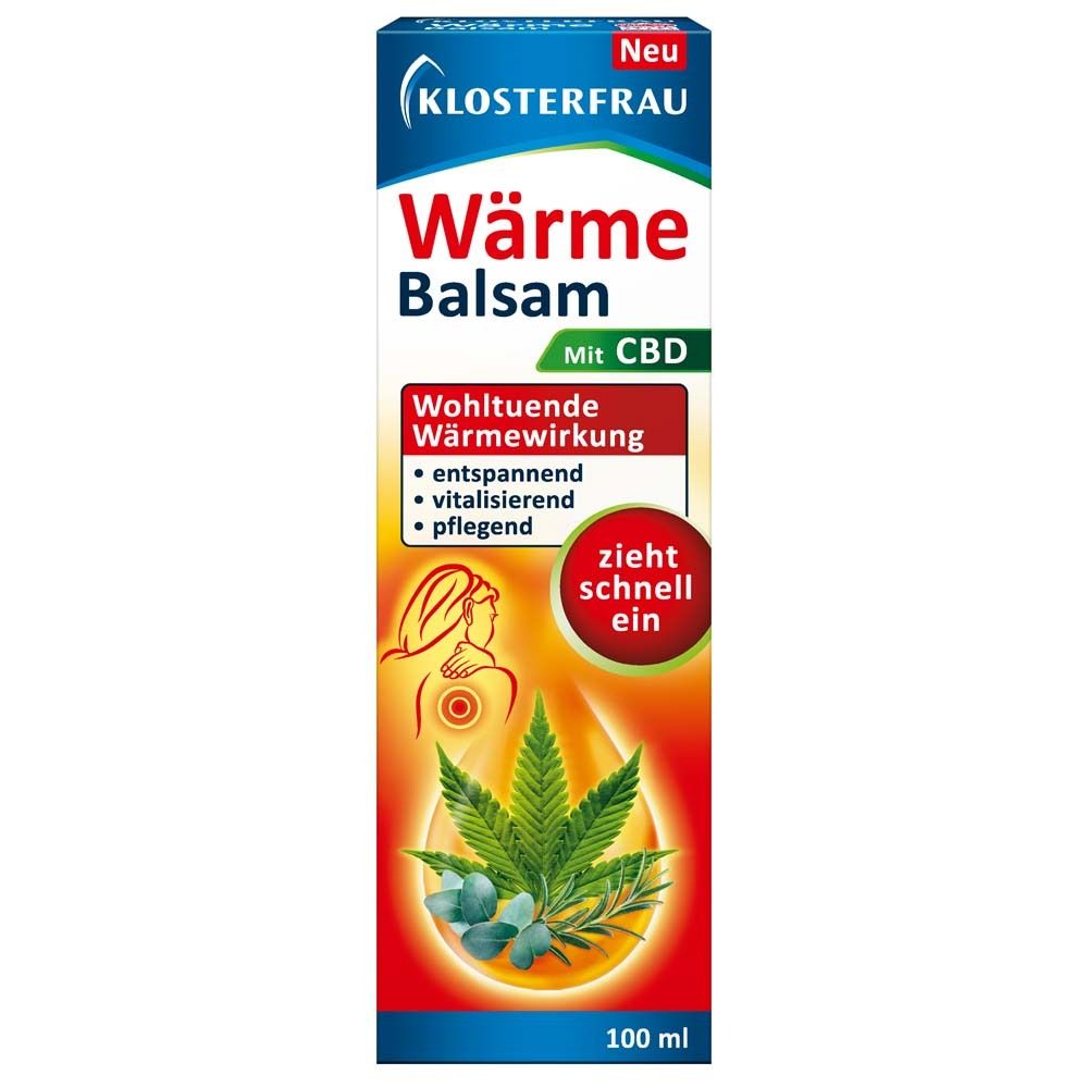 Klosterfrau Wärme Balsam mit CBD. Tube mit Produktabbildung und Inhaltsstoffen. 100 ml.