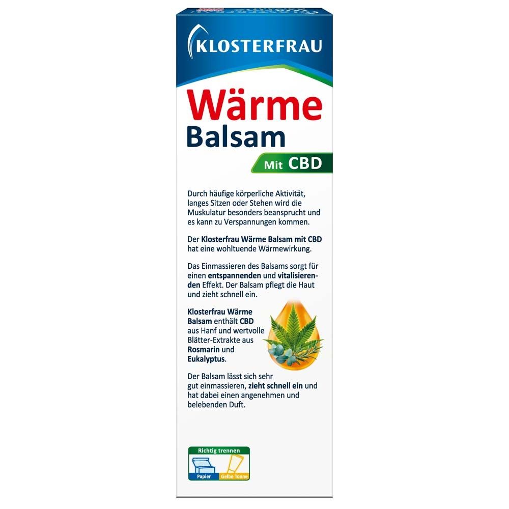 Klosterfrau Wärme Balsam mit CBD. Textinformationen zur Anwendung und Wirkung. Weißer Hintergrund.