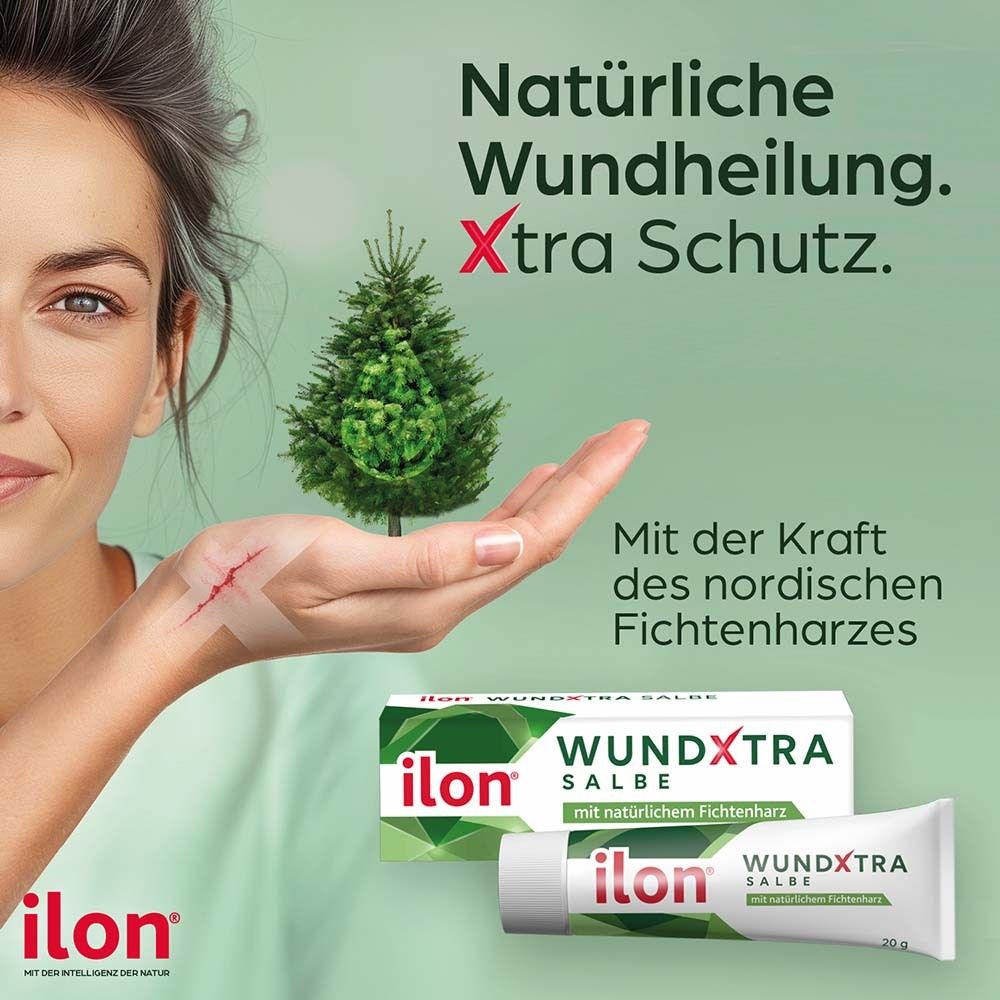 Frau mit Wunde am Arm. Text: Natürliche Wundheilung. Xtra Schutz. ilon® WUNDXTRA Salbe. Produkt und Verpackung.
