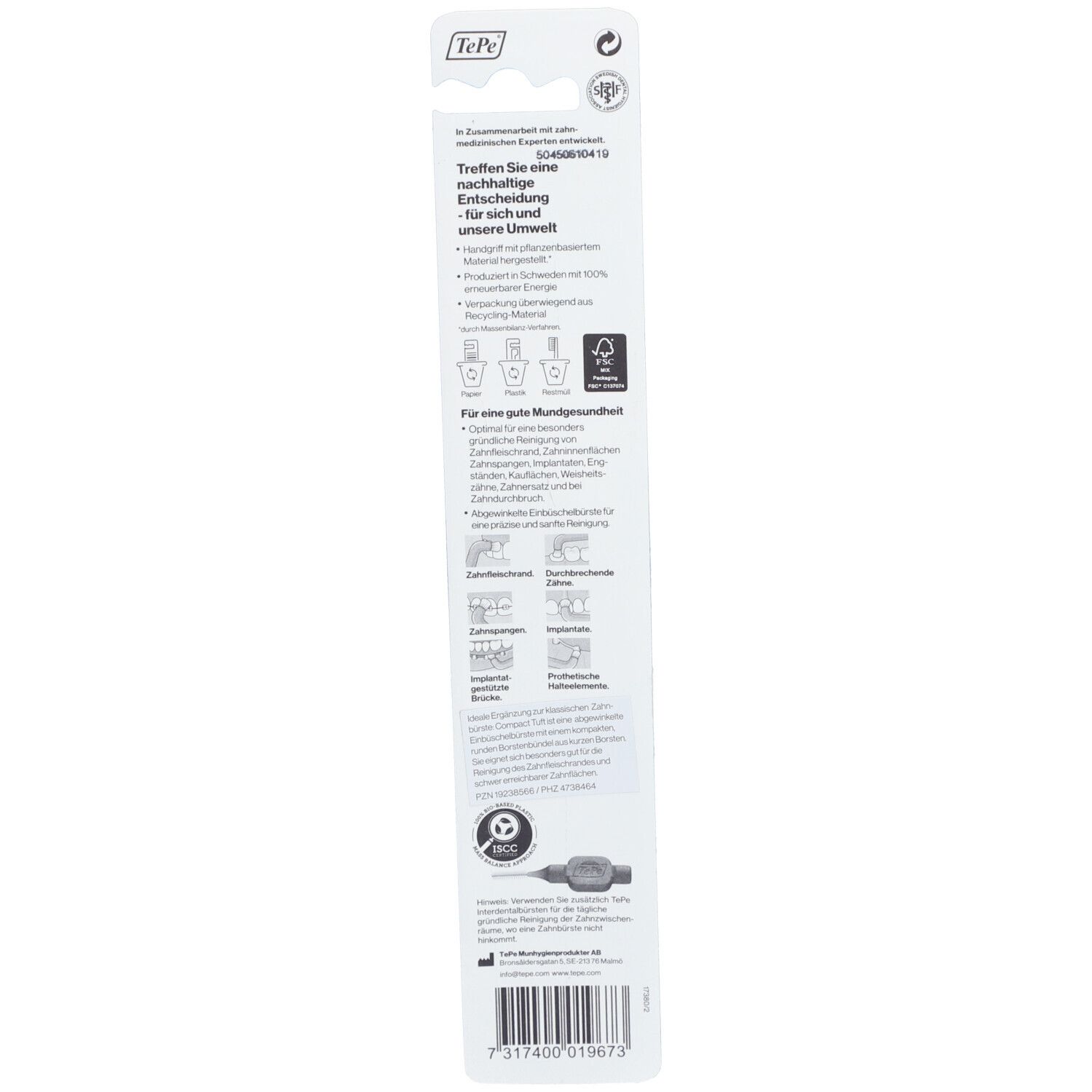 Rückseite der Verpackung mit Text und Logos. Informationen zu Nachhaltigkeit und Mundgesundheit.