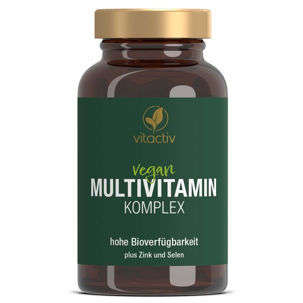Braune Glasflasche mit grünem Etikett. Aufschrift: Vegan Multivitamin Komplex. Mit Zink und Selen.