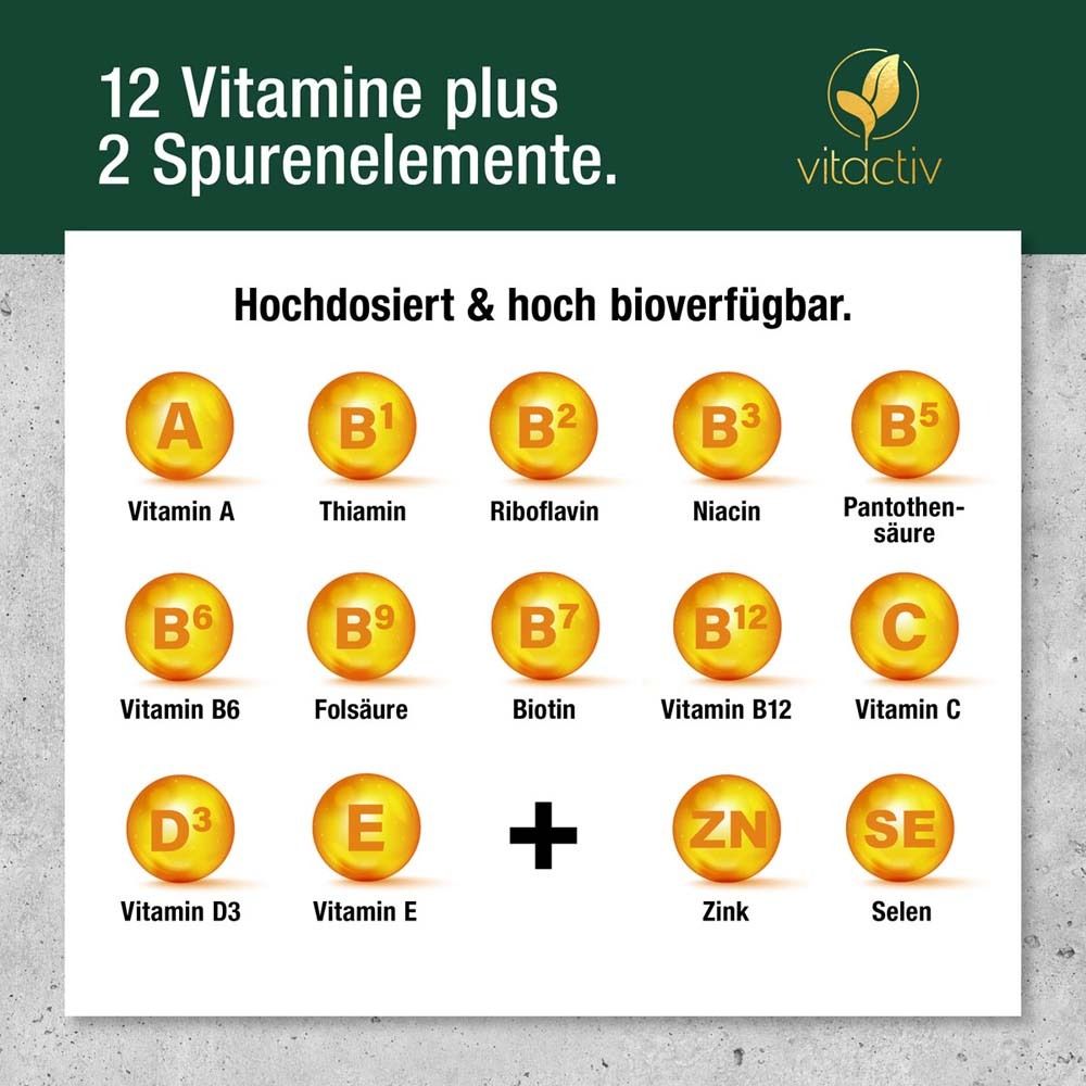 Grafik mit 12 Vitaminen und 2 Spurenelementen. Text: Hochdosiert & hoch bioverfügbar. Vitactiv Logo.