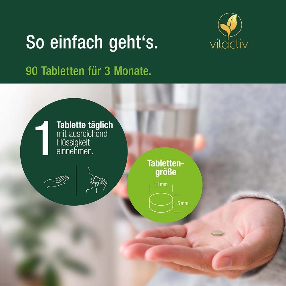 Person zeigt Tablette. Text: So einfach geht's. 90 Tabletten für 3 Monate. Tablettengröße: 11x5mm.