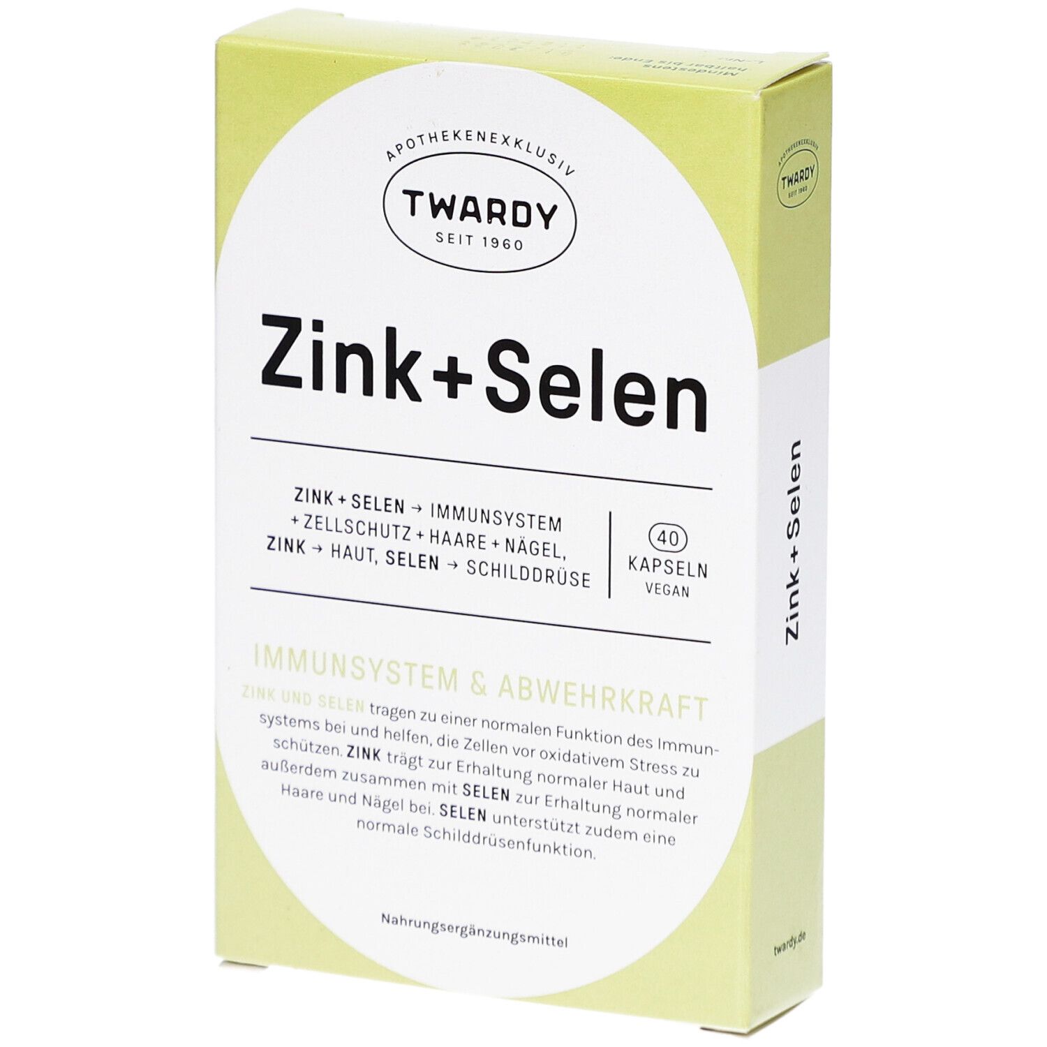 Zink+Selen Kapseln, grüne Verpackung. Aufschrift: Zink+Selen, 40 Kapseln, vegan. Marke: Twardy.