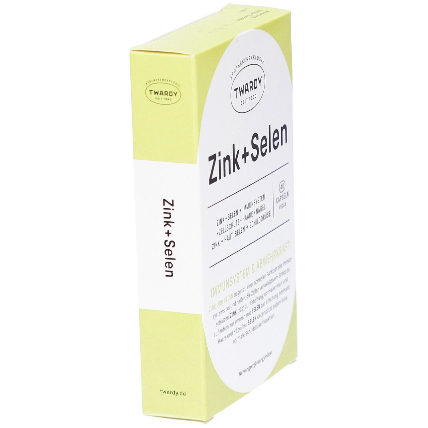Zink+Selen Kapseln, grüne Verpackung. Aufschrift: Zink+Selen. Marke: Twardy. Eckansicht.