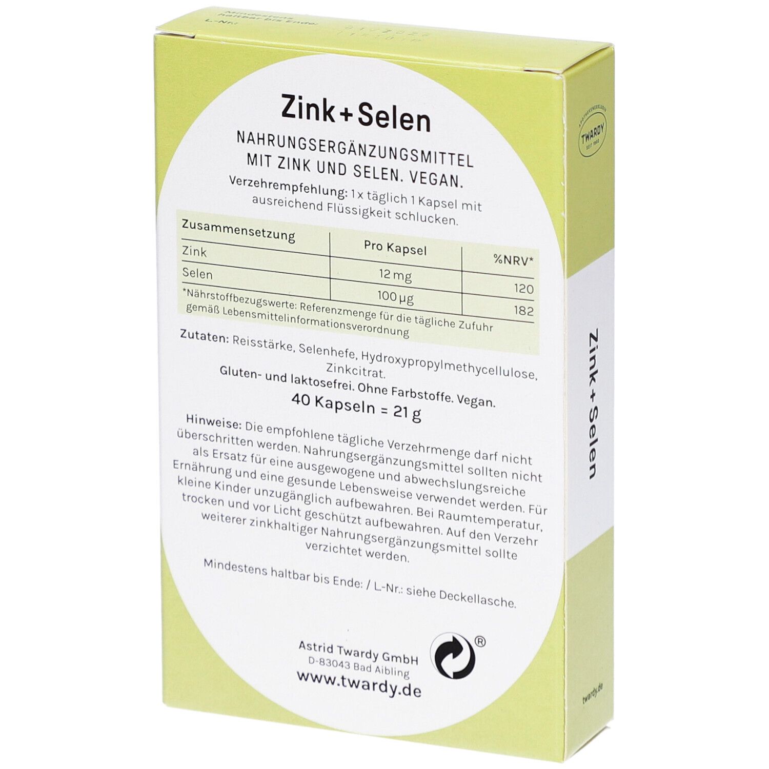 Rückseite der Zink+Selen Kapseln Verpackung. Enthält Nährwertangaben und Inhaltsstoffe. 40 Kapseln, vegan.