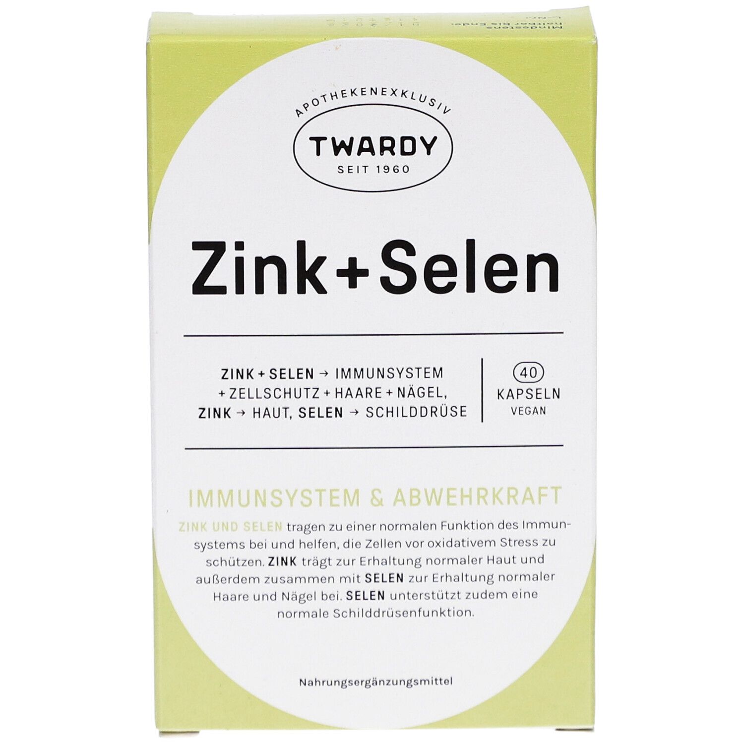 Zink+Selen Kapseln, grüne Verpackung. Aufschrift: Zink+Selen, 40 Kapseln, vegan. Marke: Twardy.