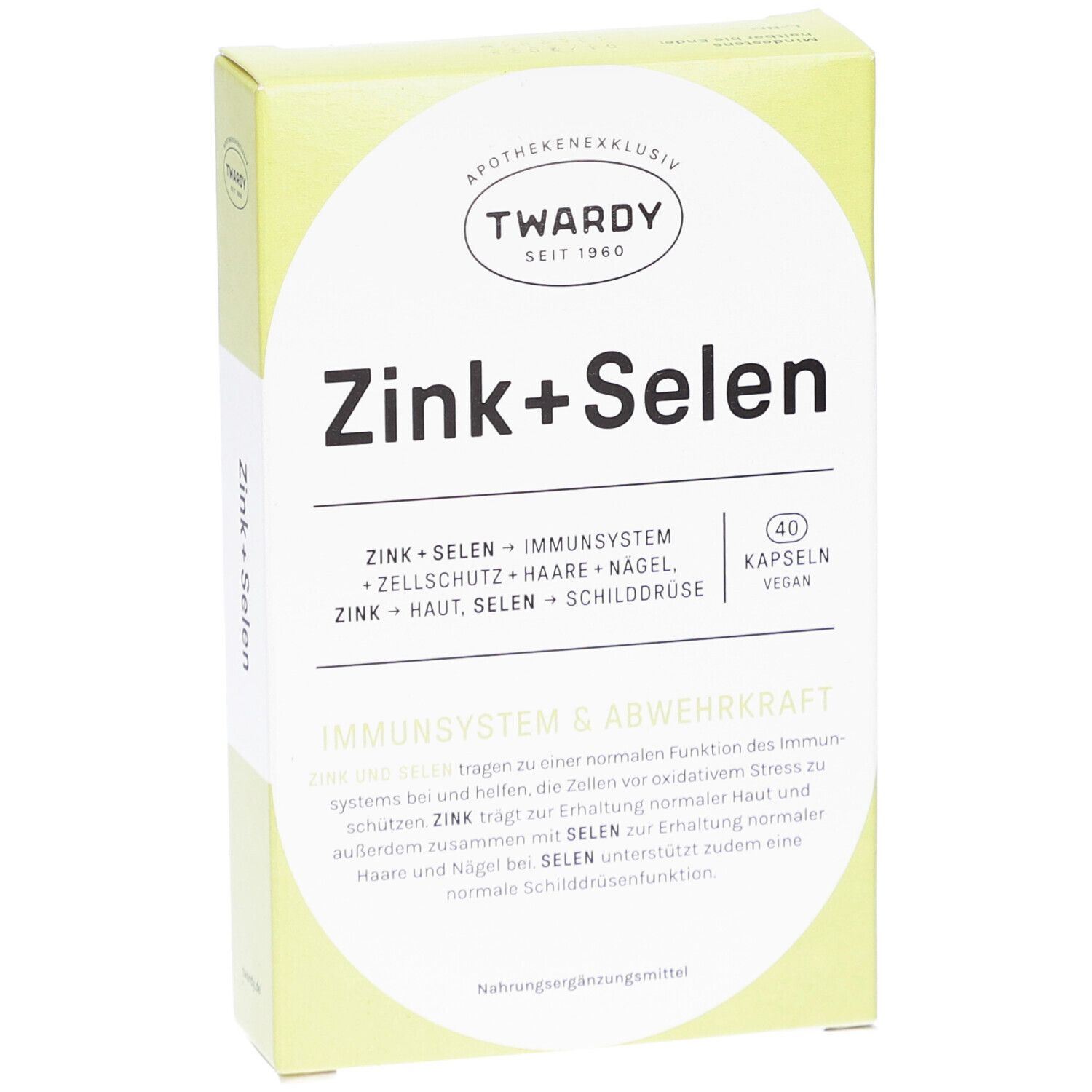 Zink+Selen Kapseln, grüne Verpackung. Aufschrift: Zink+Selen, 40 Kapseln, vegan. Marke: Twardy.