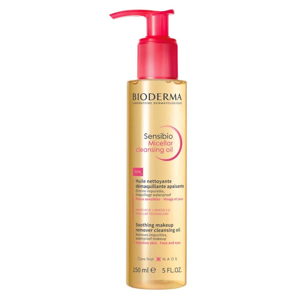 BIODERMA Sensibio Mizellenreinigungsöl. Gelbe Flasche mit rosa Pumpe. Text: Sensibio, Micellar cleansing oil.