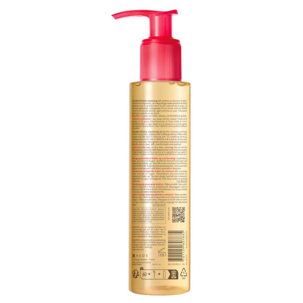 Rückseite der BIODERMA Sensibio Mizellenreinigungsöl Flasche. Text und Barcode. Rosa und gelbe Farbgebung.