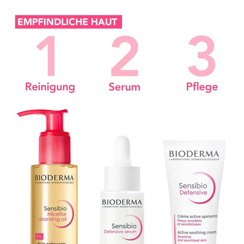 Drei Produkte: BIODERMA Sensibio Mizellenreinigungsöl, Serum und Creme. Rosa und weiße Farbgebung.