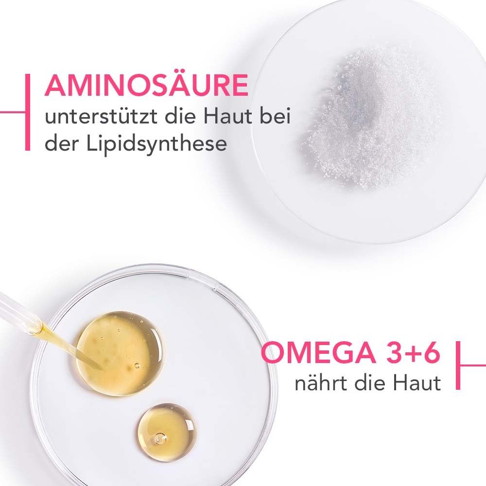 Zwei Petrischalen. Aminosäure und Omega 3+6. Text: Aminosäure, Omega 3+6 nährt die Haut.