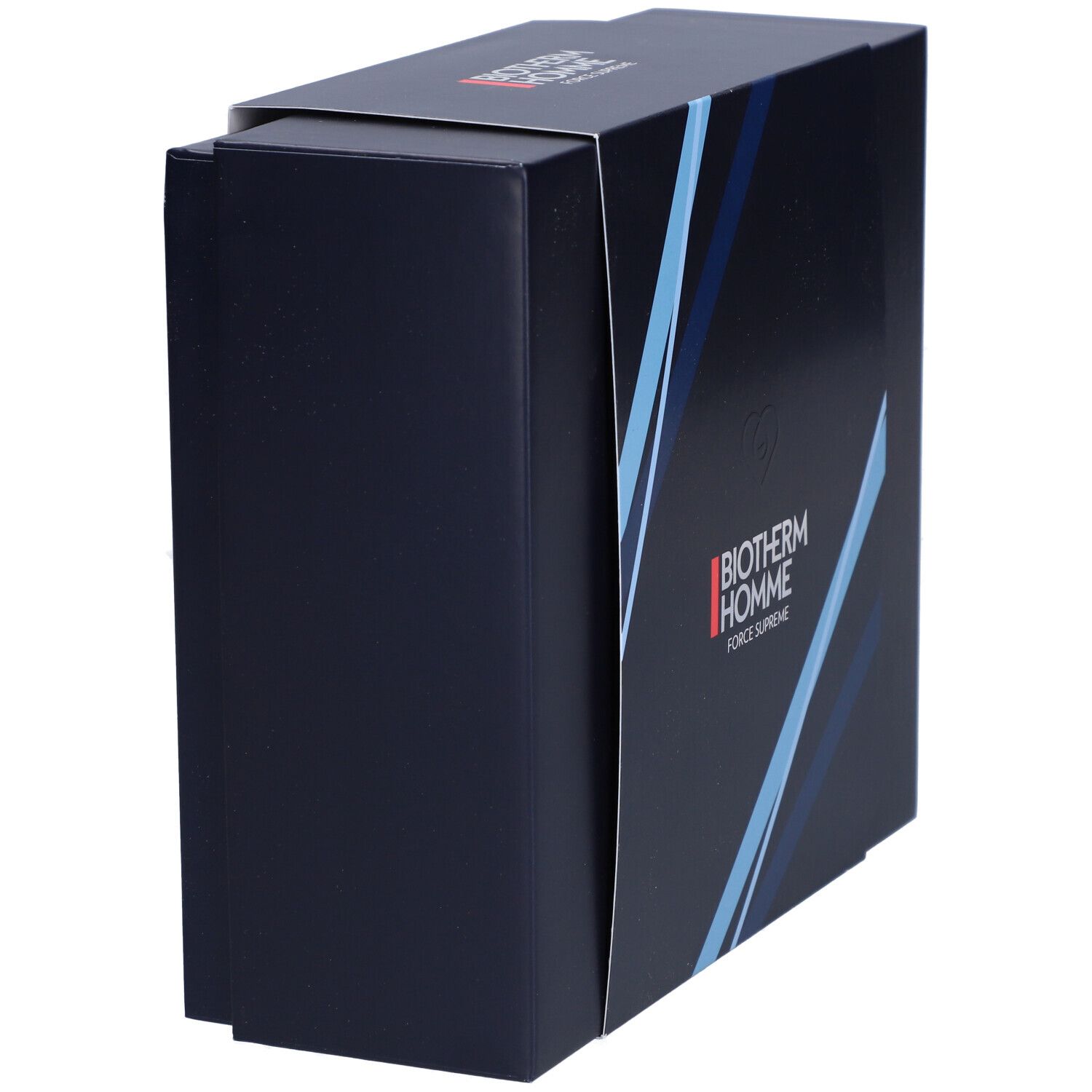 Dunkelblaue Geschenkbox, teilweise geöffnet. Logo Biotherm Homme und Force Supreme auf der Vorderseite.