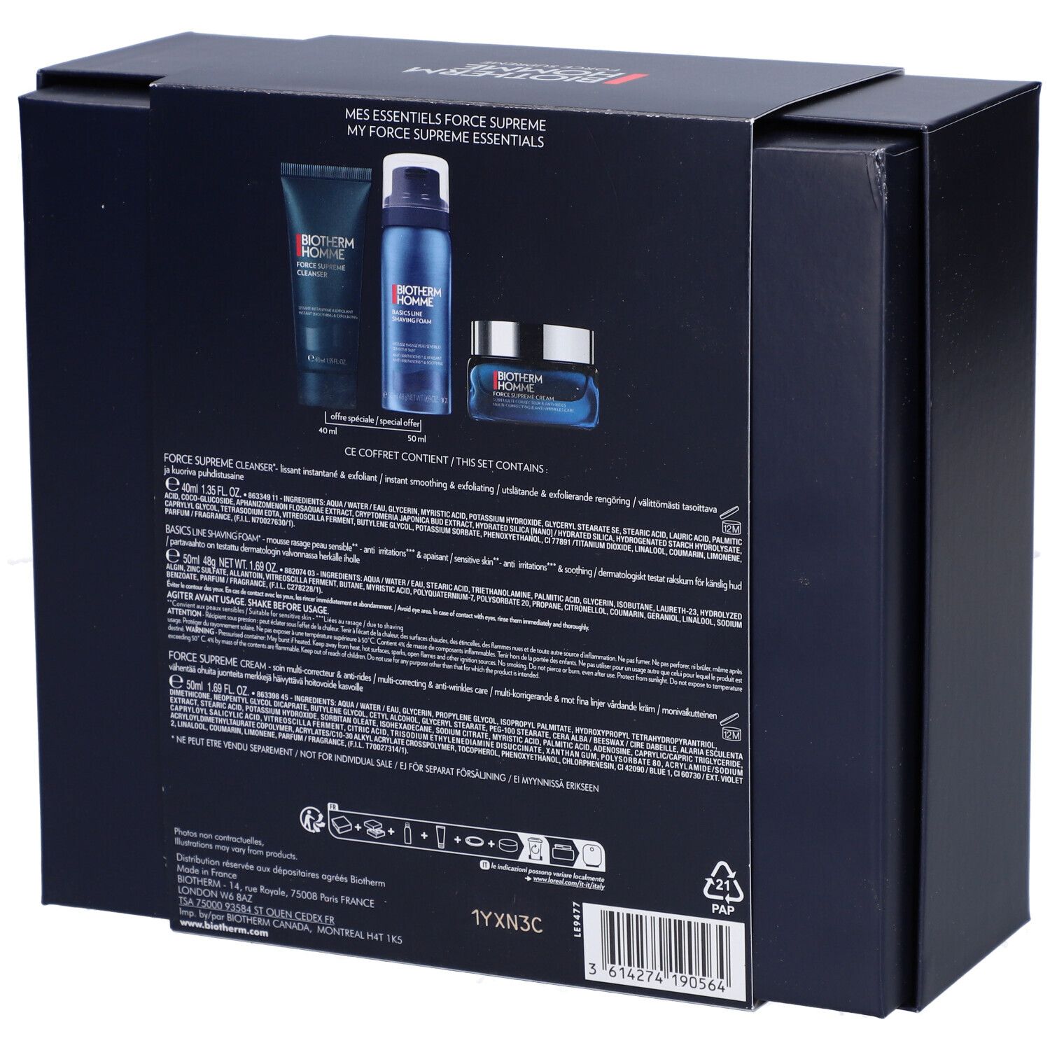 Rückseite der Geschenkbox mit Produktinformationen und Inhaltsstoffen. Text in mehreren Sprachen.