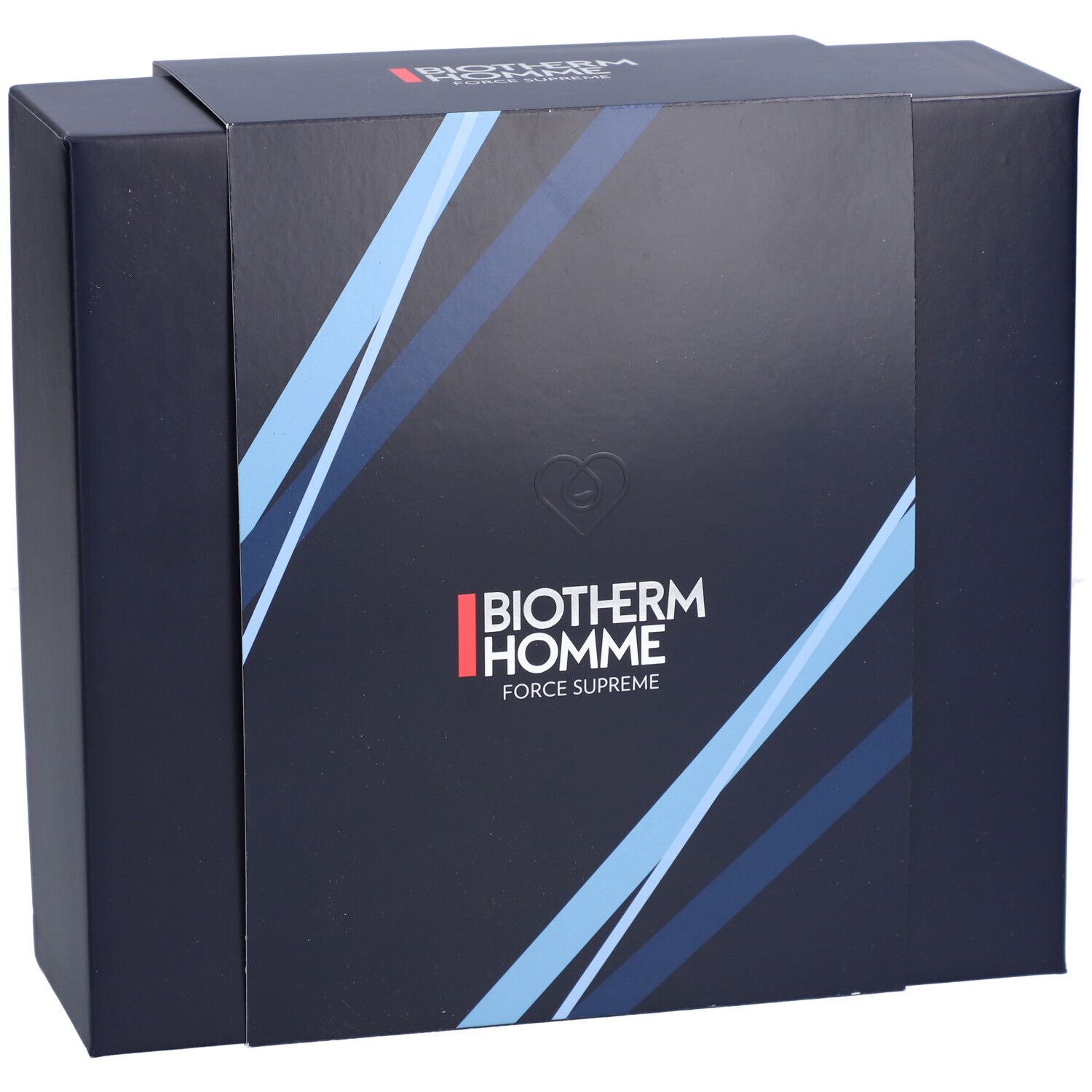 Dunkelblaue Geschenkbox mit Biotherm Homme Logo und Force Supreme Schriftzug. Herzsymbol.