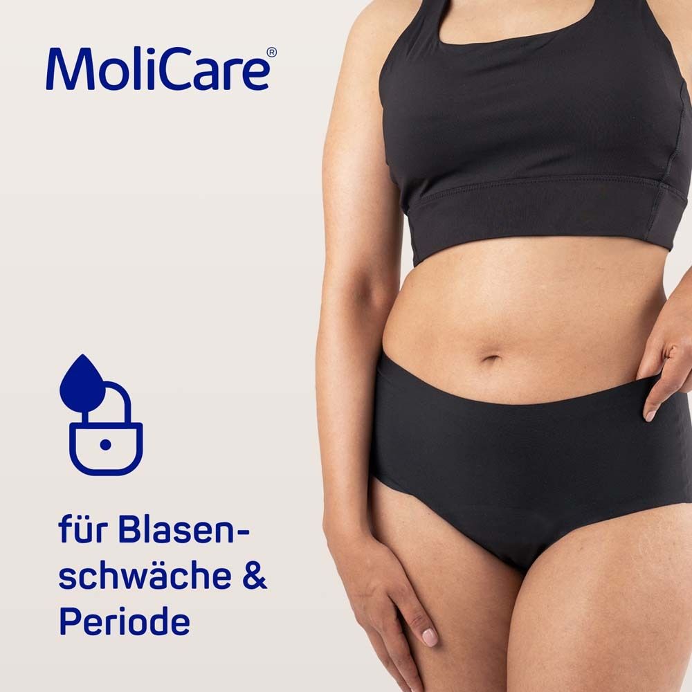 Schwarzer MoliCare lady Slip. Text: für Blasenschwäche & Periode. Frau trägt Sport-BH und Slip.