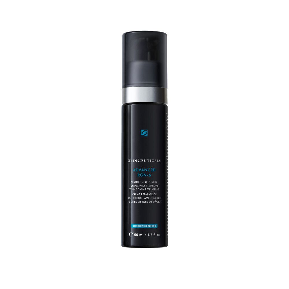 Schwarze Flasche mit Dosierpumpe. SkinCeuticals Advanced RGN-6 Creme. Blaue und silberne Akzente. 50 ml.